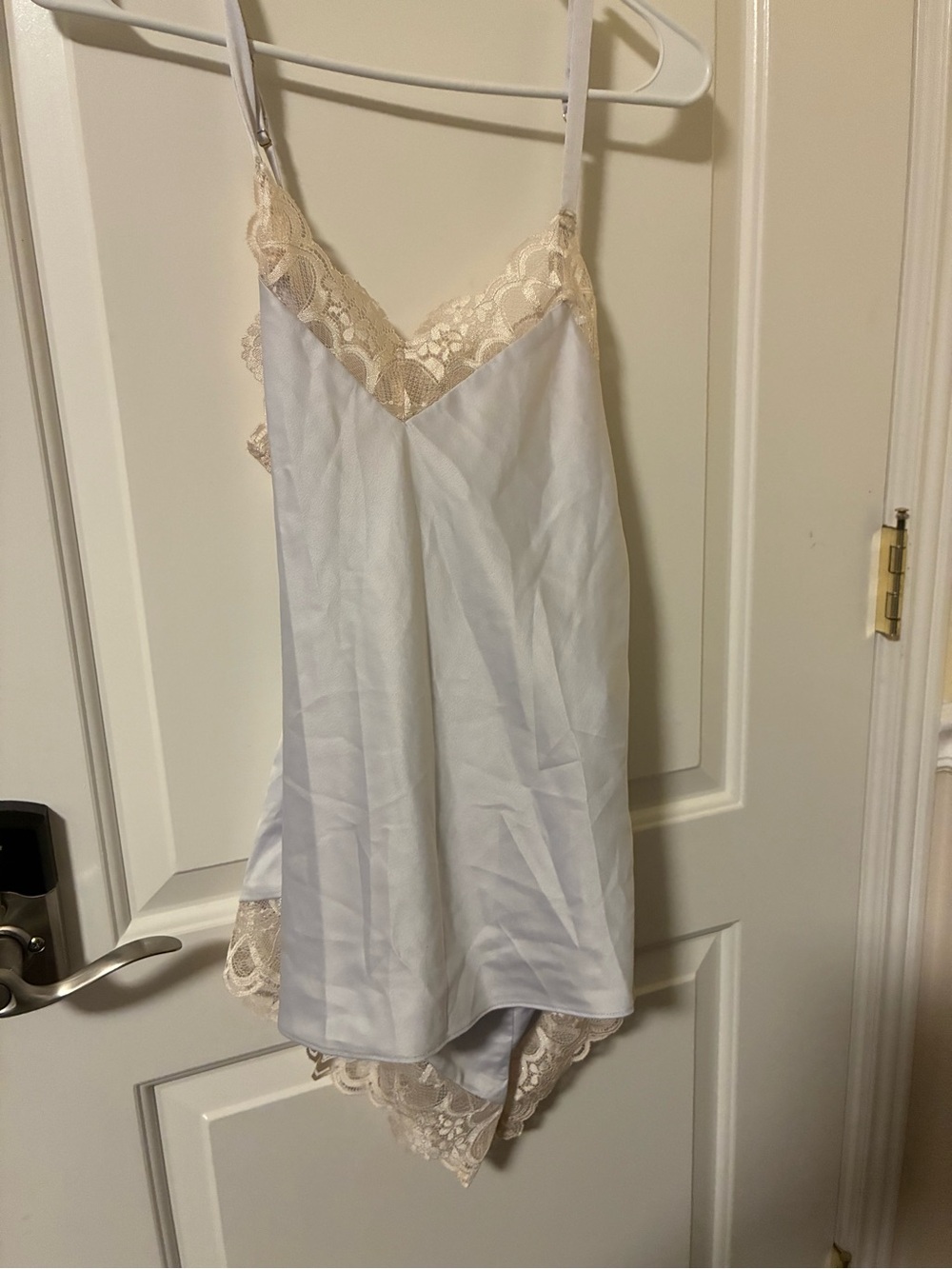 Flora Nikrooz Light Blue Satin Chemise with Cream Lace Trim